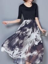 Casual Round Neck Abstract Print Flowy Chiffon Maxi Dress With Half Sleeve