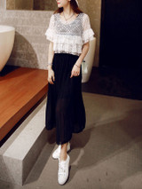 Casual Lace Tiered Hollow Out Top And Round Neck Maxi Dress