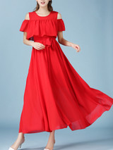Casual Open Shoulder Flounce Plain Chiffon Maxi Dress