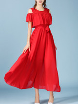 Casual Open Shoulder Flounce Plain Chiffon Maxi Dress
