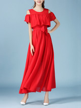Casual Open Shoulder Flounce Plain Chiffon Maxi Dress