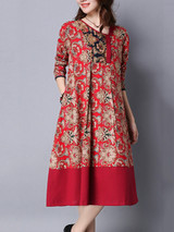 Casual Loose Asymmetric Neck Ethnic Style Printed Maxi Dress