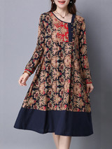 Casual Loose Asymmetric Neck Ethnic Style Printed Maxi Dress