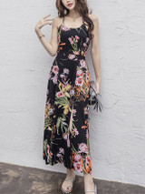 Casual Spaghetti Strap High Slit Printed Swing Maxi Dress