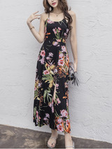Casual Spaghetti Strap High Slit Printed Swing Maxi Dress