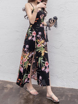 Casual Spaghetti Strap High Slit Printed Swing Maxi Dress