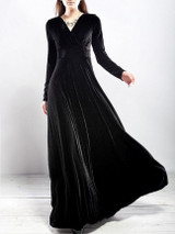Casual Courtly Swing V-Neck Plain Velvet Maxi Dress