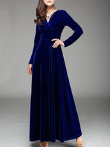 Casual Courtly Swing V-Neck Plain Velvet Maxi Dress