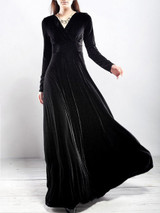 Casual Courtly Swing V-Neck Plain Velvet Maxi Dress