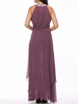Celebrity Round Neck Keyhole Plain Chiffon Maxi Dress