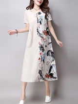 Casual Loose Round Neck Decorative Button Printed Maxi Dress