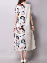Casual Loose Round Neck Decorative Button Printed Maxi Dress