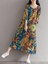 Casual Round Neck Side Slit Graffiti Printed Loose Maxi Dress Casual Round Neck Side Slit Graffiti Printed Loose Maxi Dress