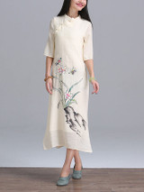 Casual Band Collar Side Slit Decorative Button Printed Loose Maxi Dress