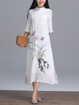 Casual Band Collar Side Slit Decorative Button Printed Loose Maxi Dress