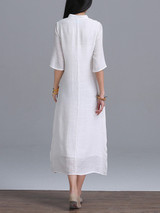 Casual Band Collar Side Slit Decorative Button Printed Loose Maxi Dress