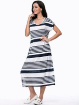 Casual Loose Striped Deep V-Neck Side Slit Maxi Dress