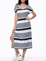 Casual Loose Striped Deep V-Neck Side Slit Maxi Dress Casual Loose Striped Deep V-Neck Side Slit Maxi Dress