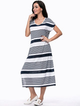 Casual Loose Striped Deep V-Neck Side Slit Maxi Dress Casual Loose Striped Deep V-Neck Side Slit Maxi Dress
