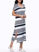 Casual Loose Striped Deep V-Neck Side Slit Maxi Dress Casual Loose Striped Deep V-Neck Side Slit Maxi Dress