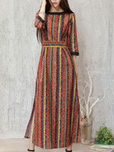 Casual Boat Neck Side Slit Printed Vertical Striped Maxi Dress