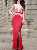 Casual Halter Backless Decorative Lace High Slit Hollow Out Maxi Dress