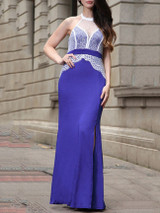Casual Halter Backless Decorative Lace High Slit Hollow Out Maxi Dress