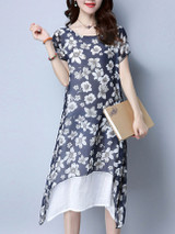Casual Asymmetric Hem Double Layer Printed Loose Maxi Dress