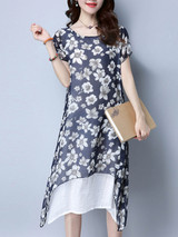 Casual Asymmetric Hem Double Layer Printed Loose Maxi Dress