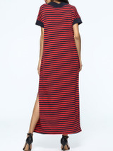 Casual Striped V-Neck Side Slit Floral-Patch Pocket Maxi Dress Casual Striped V-Neck Side Slit Floral-Patch Pocket Maxi Dress