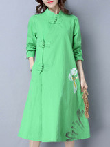 Casual Loose Floral Printed Band Collar Pocket Maxi Dress