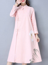 Casual Loose Floral Printed Band Collar Pocket Maxi Dress