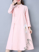 Casual Loose Floral Printed Band Collar Pocket Maxi Dress