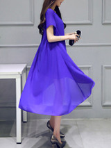 Casual High-Low Hollow Out Plain Chiffon Round Neck Maxi Dress