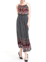 Casual Spaghetti Strap Elastic Waist Printed Chiffon Maxi Dress