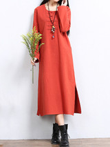 Casual Solid Decorative Button Pocket Round Neck Side Slit Maxi Dress