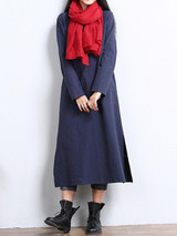 Casual Solid Decorative Button Pocket Round Neck Side Slit Maxi Dress