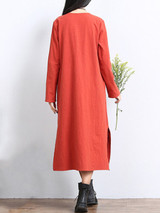 Casual Solid Decorative Button Pocket Round Neck Side Slit Maxi Dress
