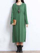Casual Solid Decorative Button Pocket Round Neck Side Slit Maxi Dress