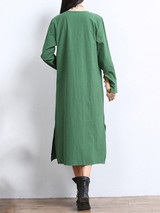 Casual Solid Decorative Button Pocket Round Neck Side Slit Maxi Dress