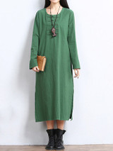 Casual Solid Decorative Button Pocket Round Neck Side Slit Maxi Dress