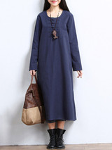 Casual Solid Decorative Button Pocket Round Neck Side Slit Maxi Dress