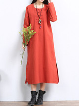 Casual Solid Decorative Button Pocket Round Neck Side Slit Maxi Dress