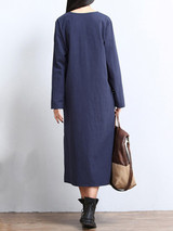 Casual Solid Decorative Button Pocket Round Neck Side Slit Maxi Dress