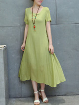 Casual Round Neck Decorative Button Plain Loose Swing Maxi Dress