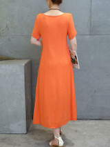Casual Round Neck Decorative Button Plain Loose Swing Maxi Dress