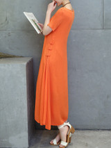 Casual Round Neck Decorative Button Plain Loose Swing Maxi Dress