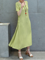 Casual Round Neck Decorative Button Plain Loose Swing Maxi Dress
