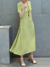 Casual Round Neck Decorative Button Plain Loose Swing Maxi Dress