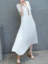 Casual Round Neck Decorative Button Plain Loose Swing Maxi Dress